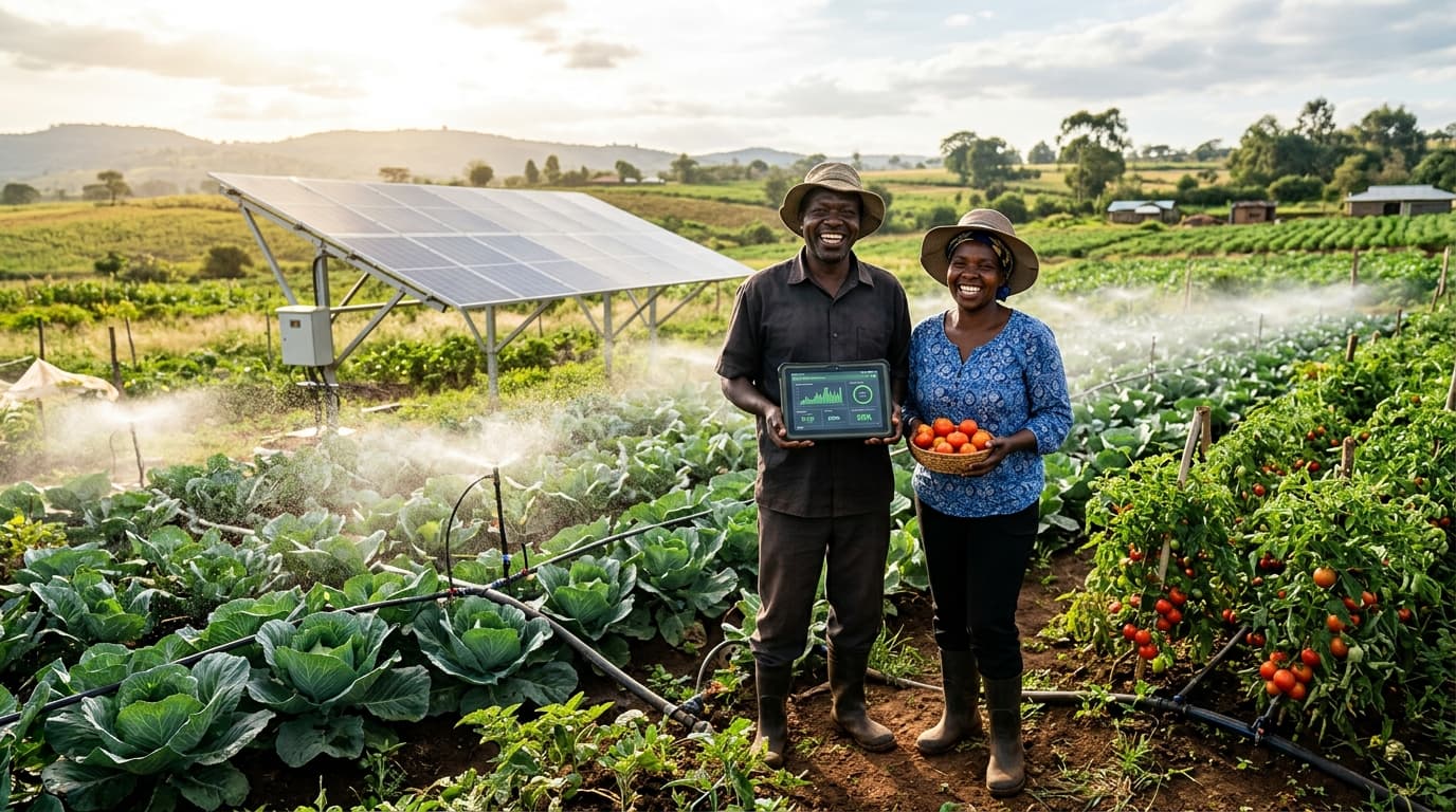 Lush African solar-powered farmland with modern irrigation